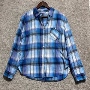 Laura Scott Woman’s Blue Purple Plaid Button Up Shirt Roll Tab Size Medium